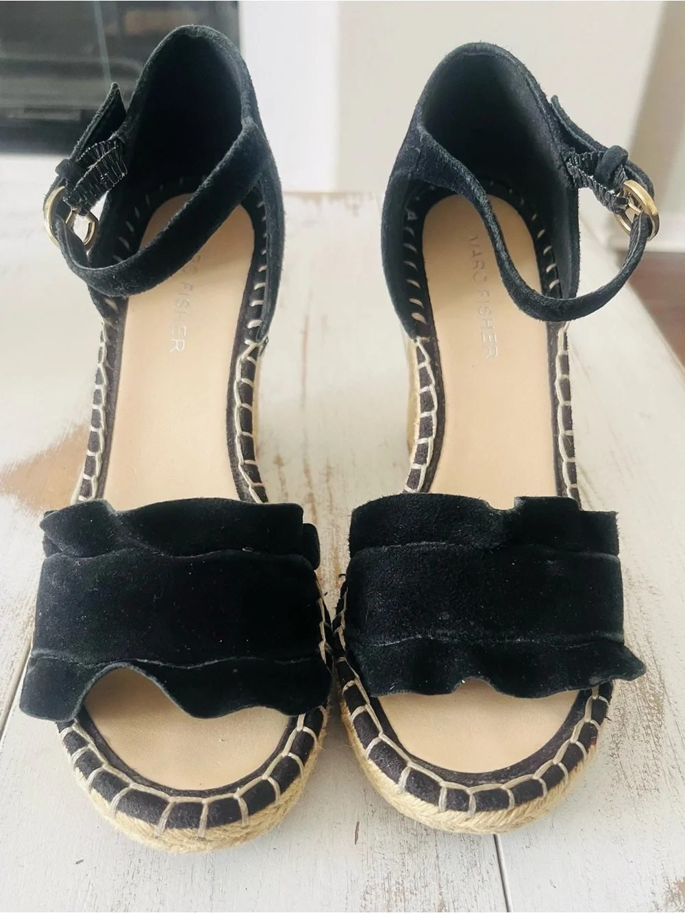 Marc Fisher Black Velvet Ruffle Espadrille Wedge Sandals